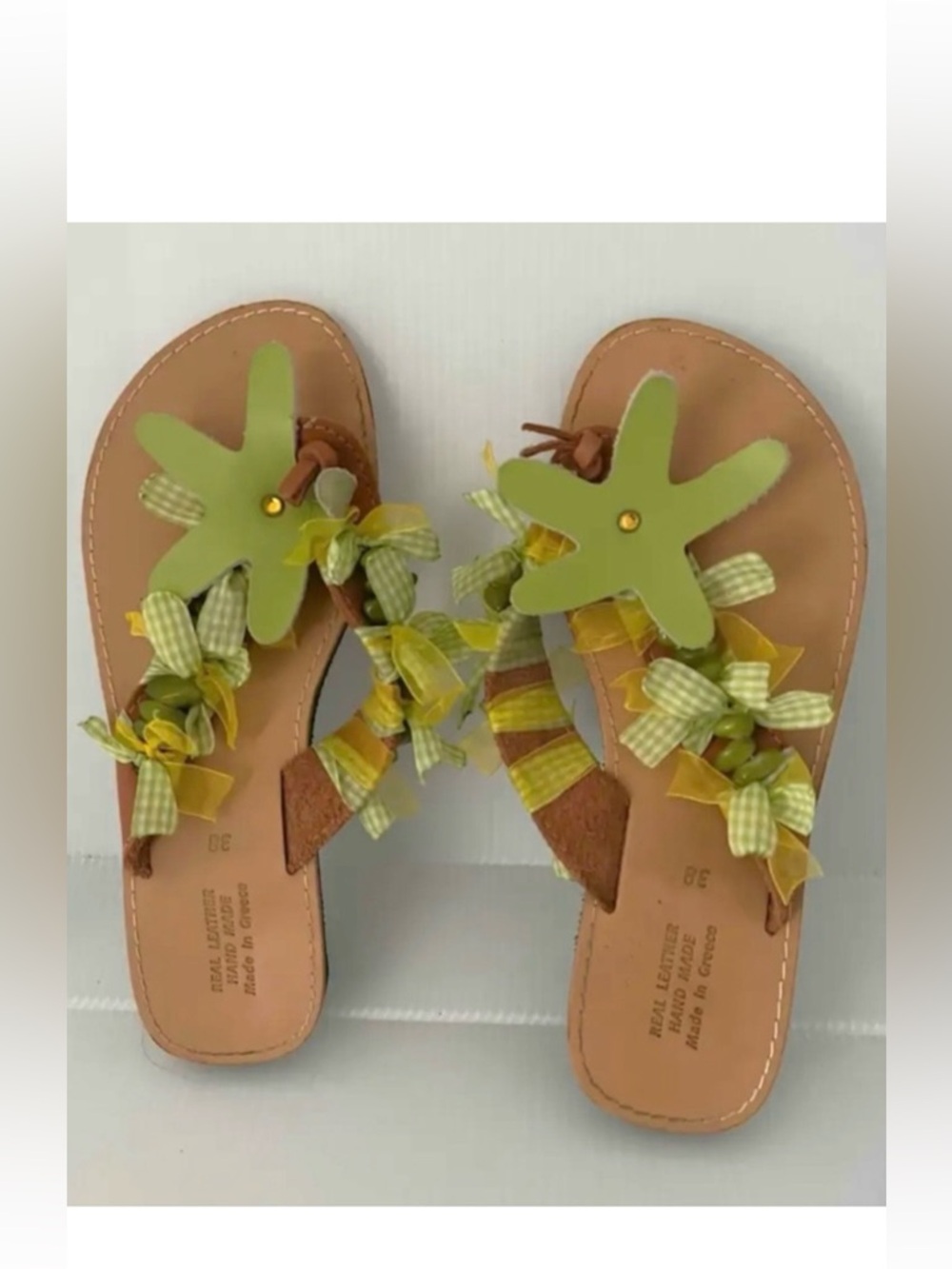 🇬🇷🎁 🆕 Handmade leather flat sandals / Yellow & Green / stones & ribbons - Greece